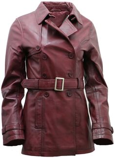 New Mens Womens Boots Luggage Women's 3/4 Burgundy Ladies Lamb Nappa Leather Trench Coat Stylish, feminine and practical this smart three quarter length jacket that is modelled on the classic trench coat design. This double breasted coat is crafted from the softest Nappa lambskin and has a feminine cut silhouette. For added comfort the regular fit coat features a belt tie at the waist line and belt buckle surrounding the cuffs which helps provide a smart and sophisticated finish. This is the per Classic Double-breasted Leather Jacket For Winter, Classic Double-breasted Winter Leather Jacket, Classic Long Coat Leather Jacket With Belt, Classic Belted Long Leather Jacket, Classic Long Belted Leather Jacket, Classic Winter Leather Jacket With Belt, Classic Burgundy Leather Jacket, Classic Long Burgundy Coat, Classic Burgundy Long Coat