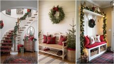 christmas decorations and wreaths decorate the stairs in this home's entryway area