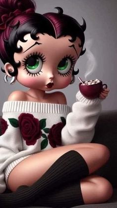 a doll with green eyes sitting on a couch holding a cup of coffee and looking at the camera