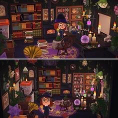 two screens showing the same room with bookshelves and candles in each area, one is