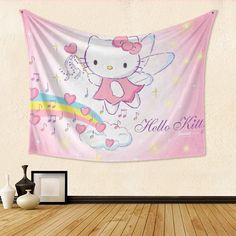 a hello kitty wall hanging in a room