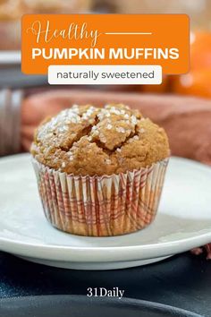 healthy pumpkin muffins on a plate with text overlay