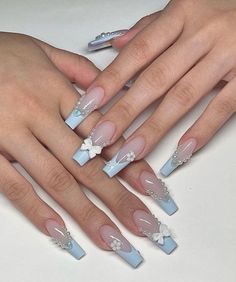 Blue Nails Cinderella, Light Blue Nail Designs Coffin, Blue French Tip Nails Snowflake, Sky Blue Quince Nails, Light Blue French Tip Nail Designs, Baby Blue Wedding Nails, Blue And White Nails Christmas, Sweater Nails Blue, Quinceanera Nails Blue