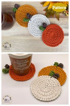 crocheted pumpkin coasters with leaves and acorns on them, sitting next to a cup of coffee