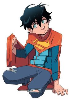 an anime character sitting on the ground with his hands in his pockets and wearing a superman shirt