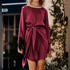 Nwt Wine Red Burgundy Wrap Dress, Long Sleeve Wrap Dress, Satin Long Sleeve, Red Satin, Wine Red, Lady In Red, Wrap Dress, Colorful Dresses, Long Sleeve Dress