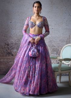 Lilac Printed Organza Lehenga Set Mahima Mahajan - Fabilicious Fashion Lilac Lehenga, Mahima Mahajan, Lehenga Style Saree, Indian Bridesmaid Dresses, Printed Lehenga, Printed Organza, Organza Lehenga, Full Sleeve Blouse, Outfit Options