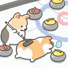 a drawing of a corgi curling on the ice with other items around it