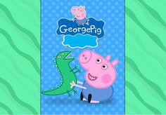 pep the pig and his alligator are in front of a blue background with green stripes