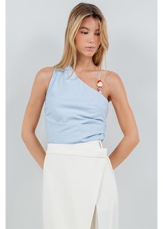 Expertly crafted for a sleek look, the Ellie Tank features a unique one shoulder design and an asymmetrical hem for added interest. The delicate stone detail and spaghetti strap add a touch of elegance, while the side shirring detail flatters your figure. Make a statement with this versatile top. Chic Sleeveless Ruched One Shoulder Top, Chic Ruched One Shoulder Sleeveless Top, Spring Ruched Sleeveless One Shoulder Top, Sleeveless Ruched One Shoulder Top For Summer, Chic Sleeveless One Shoulder Top For Day Out, Ruched Sleeveless One Shoulder Top For Spring, Chic One-shoulder Sleeveless Top For Day Out, Chic One-shoulder Top For Spring, Ruched Sleeveless One-shoulder Top For Spring