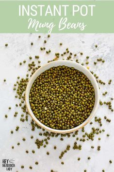 a white bowl filled with green peas and the words how to cook mung beans