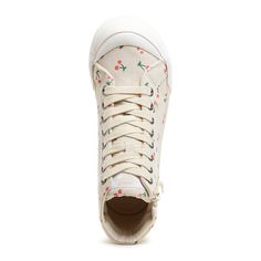 These cherry-picked high tops are ripe for the picking! 🍒 Featuring natural recycled cotton adorned with a cherry print, they're a treat for your feet and the planet. The soft cotton lining and plush insole promise cloud-like comfort, while the white rubber toe cap adds classic charm. Lace them up or zip on the side for a snug fit. Pair with your favorite jeans or a playful sundress and savor every step. 🌿👟 Style: Rocket Dog women's high top sneaker Upper Material: Cherry print on natural rec Sole Sneakers, Rocket Dog, High Top Sneaker, Cherry Print, Cotton Lace, Favorite Jeans, Recycled Cotton, High Top, Snug Fit