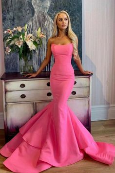 Pink Prom Dresses Mermaid, Neon Prom Dresses, Look Rose, Prom Dresses Long Pink, Strapless Prom Dress, Gaun Fashion, 파티 드레스, Mermaid Prom Dress, Pink Mermaid