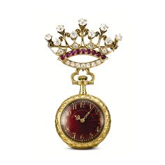 Bailey Banks and Biddle & Co. | Lot | Sotheby's - A FINE ART NOUVEAU YELLOW GOLD, ENAMEL, RUBY AND DIAMOND-SET OPEN-FACED KEYLESS WATCH WITH BROOCH CIRCA 1905 Antique Pocket Watch, Gold Pocket Watch, Hot Jewelry, Jewelry Sale, Art Nouveau Jewelry