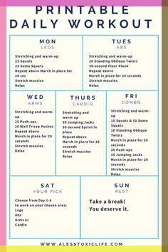 the printable daily workout plan is shown in pink, yellow and blue colors with text