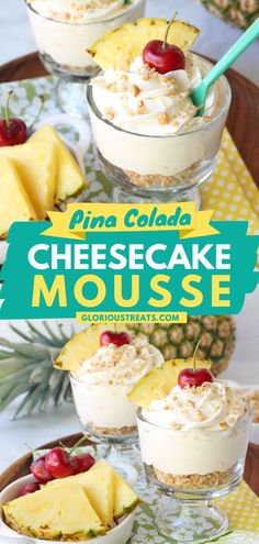 Pina Colada Cheesecake Mousse, Spring desserts, no bake desserts, sweet treats, easy desserts to impress Pina Colada Cheesecake, Cheesecake Mousse Recipe, Pineapple Cheesecake, Hawaiian Desserts, Pina Colada Cake, Pineapple Dessert Recipes, Pineapple Desserts, Cheesecake Mousse, Mousse Dessert