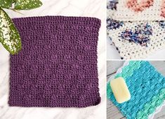 crocheted dishcloths and potholders are featured in three different photos, including one with a green plant