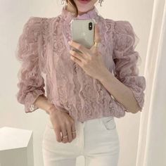 Stand Collar Lace Mesh Long Sleeve Elegant Blouse Women Lace Blouse, Organza Lace, Sweet Clothes, Fashion Stand, Relax Pants, Mesh Blouse, Shirts Women Fashion, Elegant Blouses, Lace Crochet