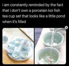 two pictures one with tea cups and the other with water pouring from a faucet