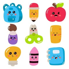 an assortment of different colored objects with faces