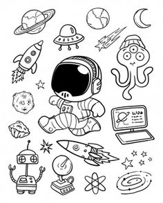 the spaceman is flying with his spaceships and other things around him coloring page