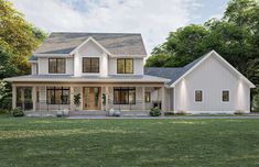 this is an artist's rendering of the front elevation of these modern farmhouse house plans