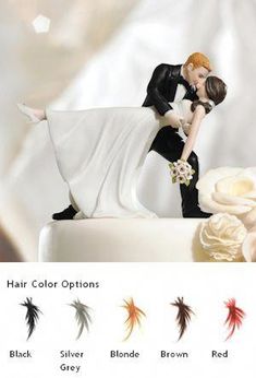 a bride and groom figurine on top of a wedding cake with the words hair color options