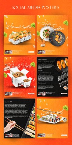 an orange and black advertisement with sushi dishes on it, including chopsticks