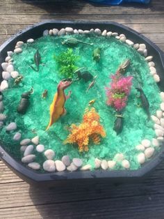 there is a fish pond made out of rocks and water with sea animals in it