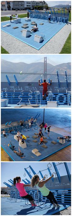 people doing different activities in an open air gym