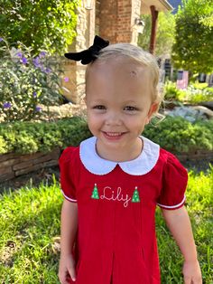 Monogrammed Christmas Dress for girls in Red Corduroy with white vintage stitched name embroidered and christmas tree design!  Other mini designs available!  Currently available in 6M, 12M, 18M, 2T, 3T, 4T, and 5T.  Matching Boys jon jon here: https://sweetandstitched.etsy.com/listing/1561048165 In Message to seller, include: 1)  FULL NAME for Monogram or first name for embroidery Current Processing time in Shop Announcement on homepage sweetandstitched.etsy.com --- Please read all policies befo Red Christmas Dress, Jon Jon, Christmas Monogram, Girls Christmas Dresses, Christmas Tree Design, Dress For Girls, Girls Clothing Sets, Tree Design, Christmas Dress