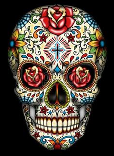 a colorful sugar skull with roses on it's forehead and eyes, isolated against a white background