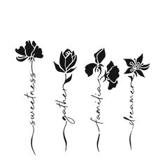 four flowers with the word thank written in black ink on a white background, set of three