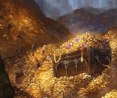 a painting of a bed in the middle of a rocky area with gold coins all over it