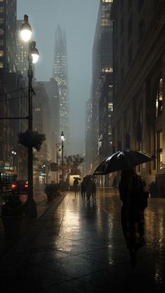 people walking in the rain with umbrellas on a city street at night near tall buildings