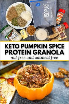 orange pumpkin bowl with keto pumpkin spice granola and text overlay Granola Recipe No Nuts, Nut Granola Recipe, Crunchy Granola Bars, Pumpkin Spice Granola, Keto Cereal, Pumpkin Granola, Low Carb Granola, Granola Recipe Healthy, Protein Granola