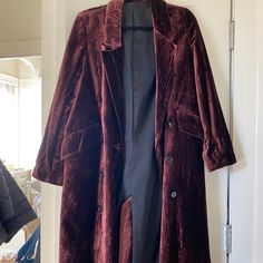 Long Burgundy Velvet Coat, Double Breasted Style, Size 34 By The Kooples. Like New - Barely Worn. Awesome Overcoat And Stylish Accent To A Sophisticated Style. Oversized Wool Coat, Linen Wrap Dress, Faux Fur Cropped Jacket, Leopard Coat, Velvet Coat, Long Wool Coat, Burgundy Velvet, Green Coat, The Kooples