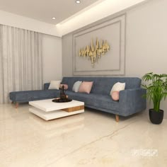 a living room with a blue couch and white coffee table