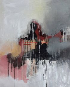 an abstract painting with white, red and black colors