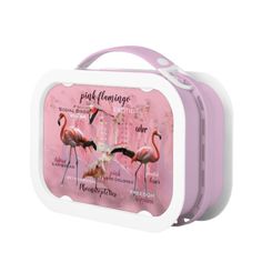 pink flamingos lunch box with handle and handles on the front, in white and pink