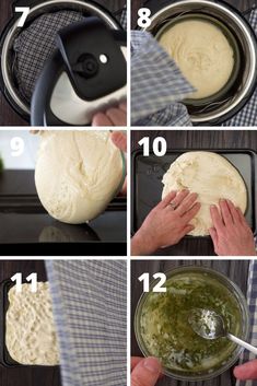 four pictures showing how to make pizza dough