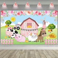 an image of farm animals in front of a barn with flowers on the fence and sunflowers