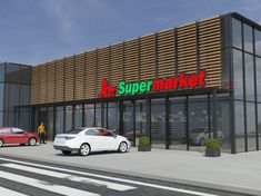 two cars are parked in front of a super market building with the words x - supermarket written on it