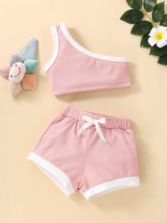 Baby Pink Casual Collar Sleeveless  Plain  Embellished Medium Stretch Summer Baby Clothing Children Fashion Sketch, Stylish School Bags, Top With Shorts, Summer Bottoms, Fashion Tops Blouse, Plus Size Fashion For Women, Kids Outfits Girls