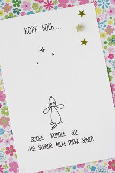 a card with a drawing of a teddy bear on it's back and the words kopf hoch