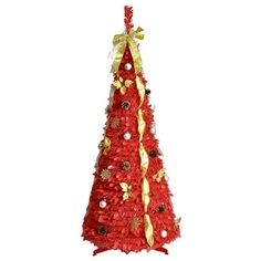 a red christmas tree with gold and white ornaments on it's top, against a white background