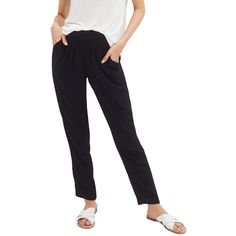 Soft woven pants with shirred elastic waistband. Side slash pockets. Relaxed tapered legs. Casual Bottoms With Gathered Waist For Day Out, Chic Bottoms With Gathered Waist For Day Out, Casual Ankle-length Pants With Gathered Waist, Chic Everyday Pants With Elastic Waistband, Tapered Leg Pants With Elastic Waistband For Day Out, Trendy Tapered Leg Bottoms With Elastic Waistband, Loosely Fitted Harem Pants With Elastic Waistband For Work, Workwear Harem Pants With Elastic Waistband, Trendy Straight Leg Harem Pants With Elastic Waistband