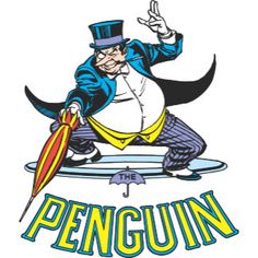 the penguin logo with an image of a man in top hat and cape on surfboard