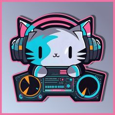 a cartoon cat with headphones on top of a radio