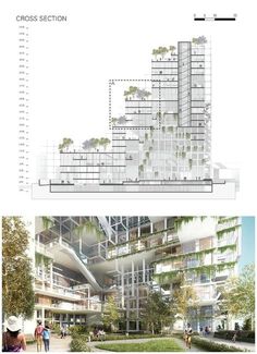 an architectural rendering of a building with trees on the top and bottom